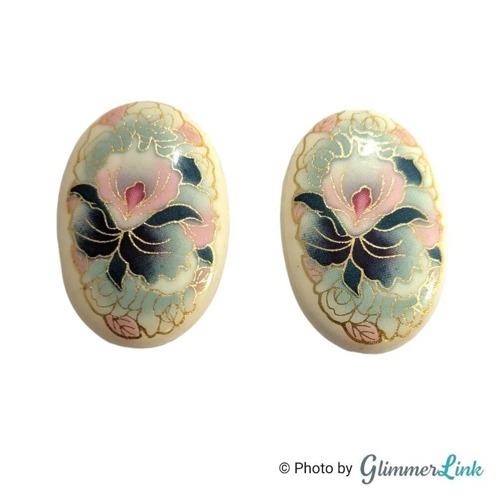 Vintage Oval Ceramic Floral Orchid Silver Tone Clip On Earrings